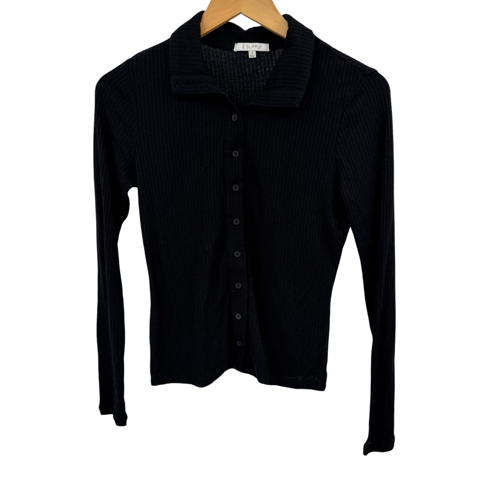 Z Supply Cardigan Women S Black Ribbed Button Front Collared Long Sleeve Light